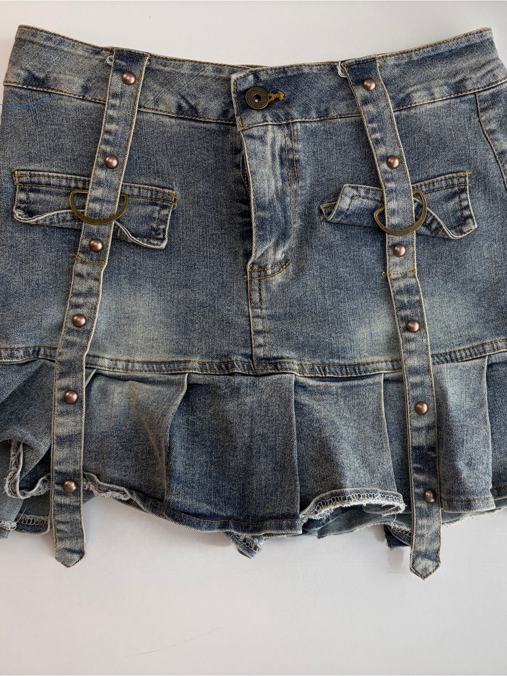 Blue Denim Mini Skirt with Strap and Stud Details